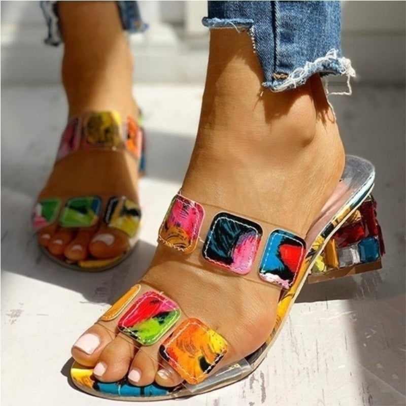 Damen-Sandalen mit klobigem Absatz und kunstvollem mehrfarbigem Design - Camila