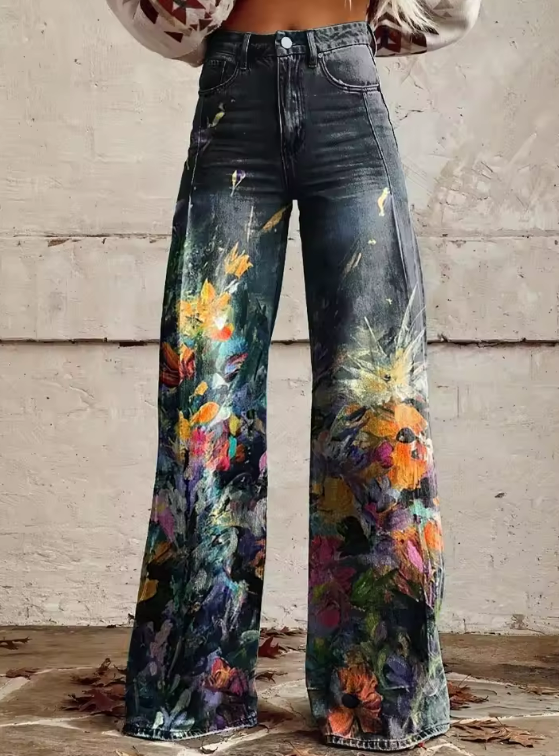 Vernisha | Weite Bein Hose mit Malerei-Design