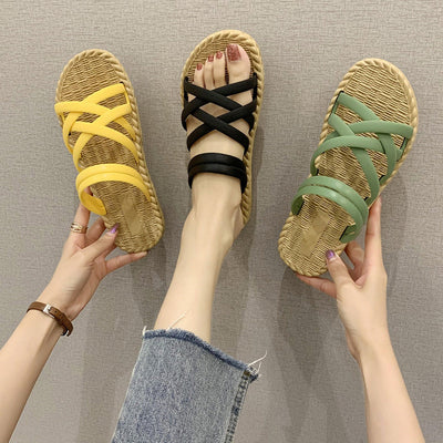 Flache Damen Sandalen mit gekreuzten Riemen Römischer Stil gelb - Soléa