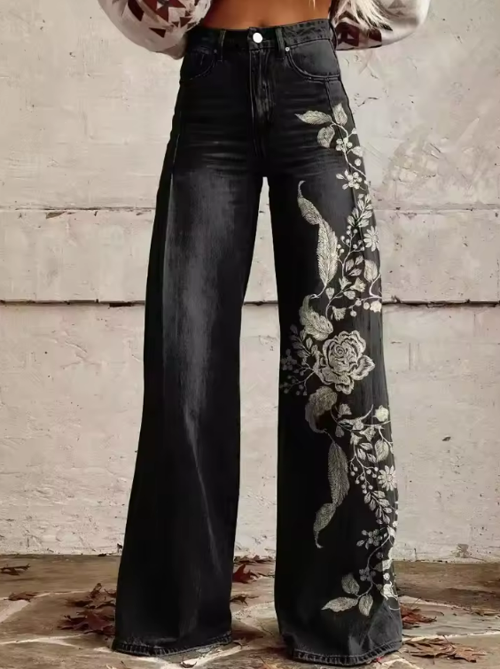 Rosalia | Stilvolle Weite Bein Schwarze Hose mit Rosendesign