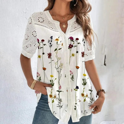 Weiße Bluse mit floraler Spitzenstickerei im Bohème-Stil für Damen - Verona