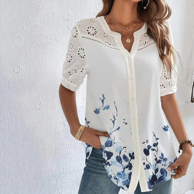 Weiße Bluse mit floraler Spitzenstickerei im Bohème-Stil für Damen - Verona
