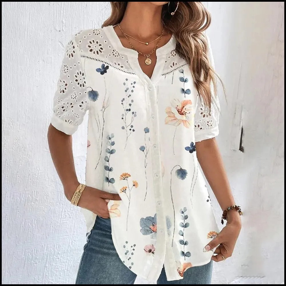 Weiße Bluse mit floraler Spitzenstickerei im Bohème-Stil für Damen - Verona