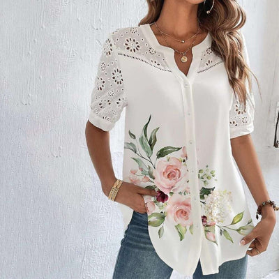 Weiße Bluse mit floraler Spitzenstickerei im Bohème-Stil für Damen - Verona