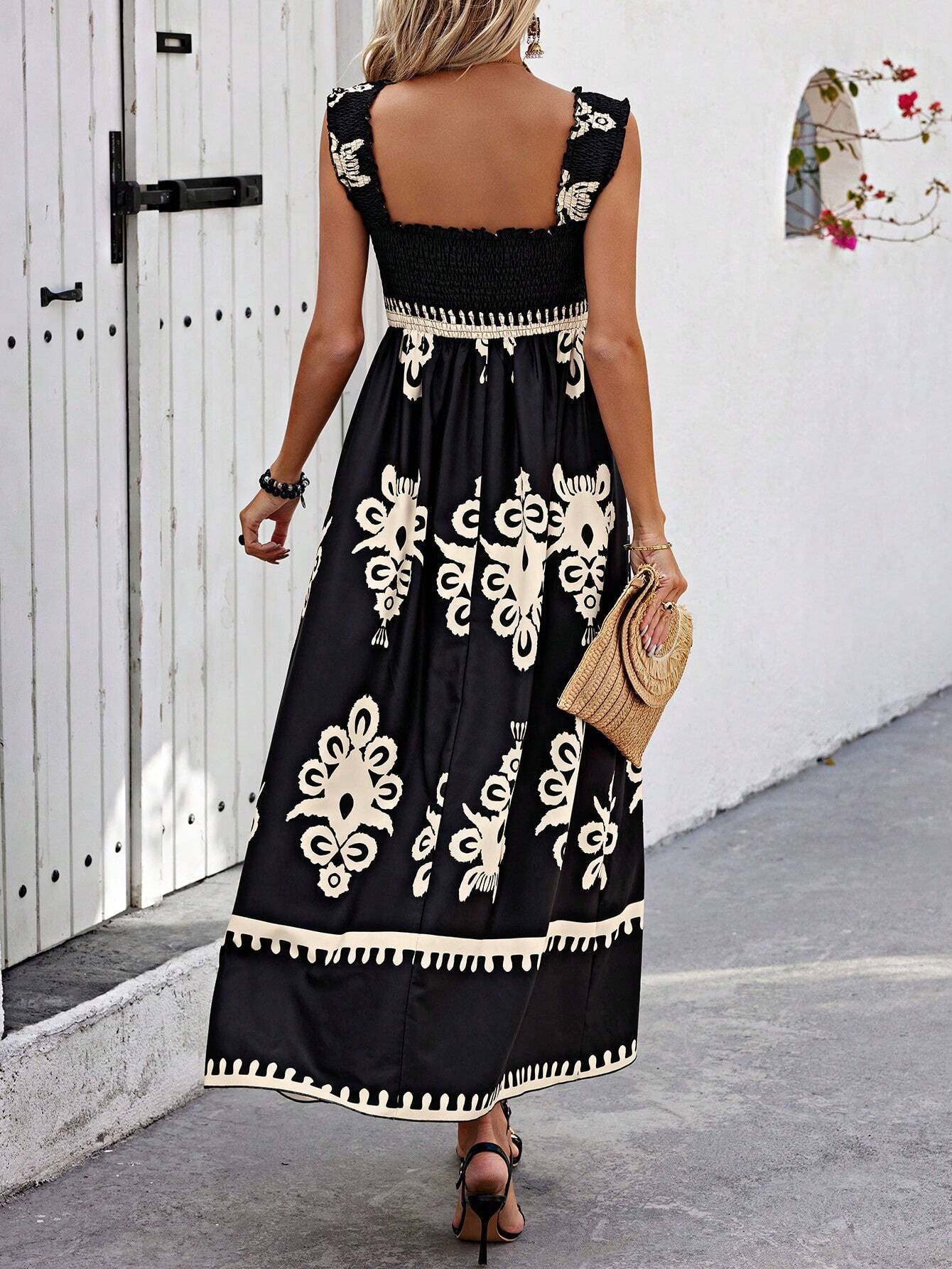 Langes Frauenkleid mit Bohème-Print, beige und schwarzer Strandträger - Zahara