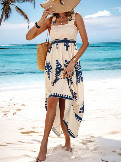 Langes Frauenkleid mit Bohème-Print, beige und schwarzer Strandträger - Zahara