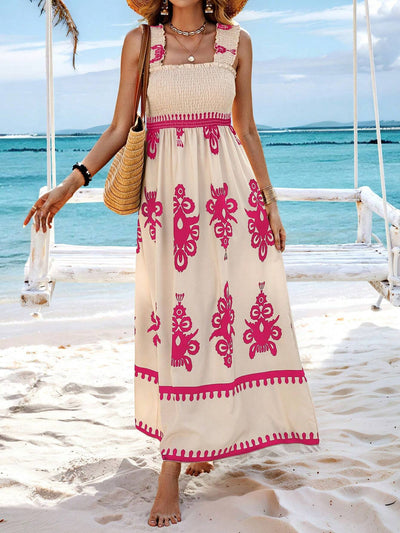 Langes Frauenkleid mit Bohème-Print, beige und schwarzer Strandträger - Zahara