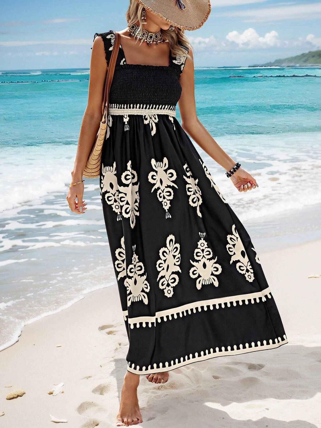 Langes Frauenkleid mit Bohème-Print, beige und schwarzer Strandträger - Zahara