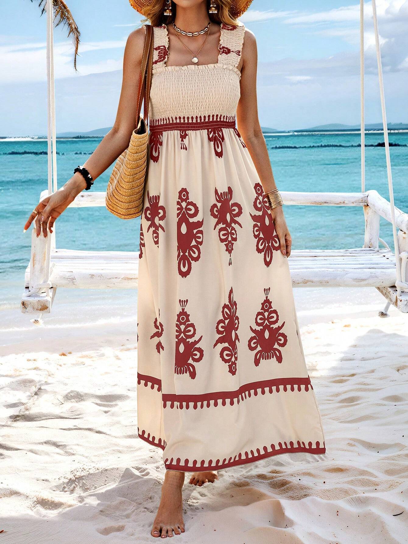 Langes Frauenkleid mit Bohème-Print, beige und schwarzer Strandträger - Zahara