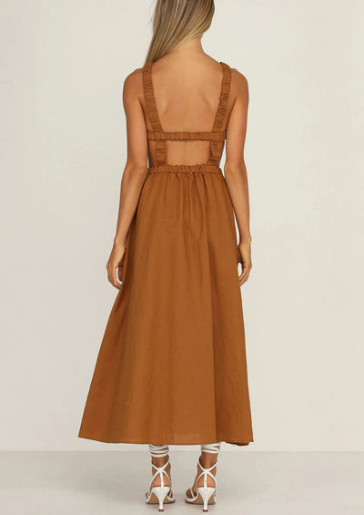 Midikleid mit Seitenschlitzen aus schwarzem Baumwoll-Leinen - Camila