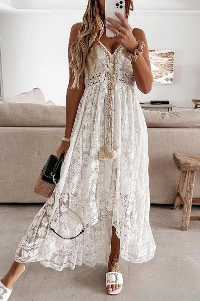 Weiße Spitzenfransen-Kleid - Élodie