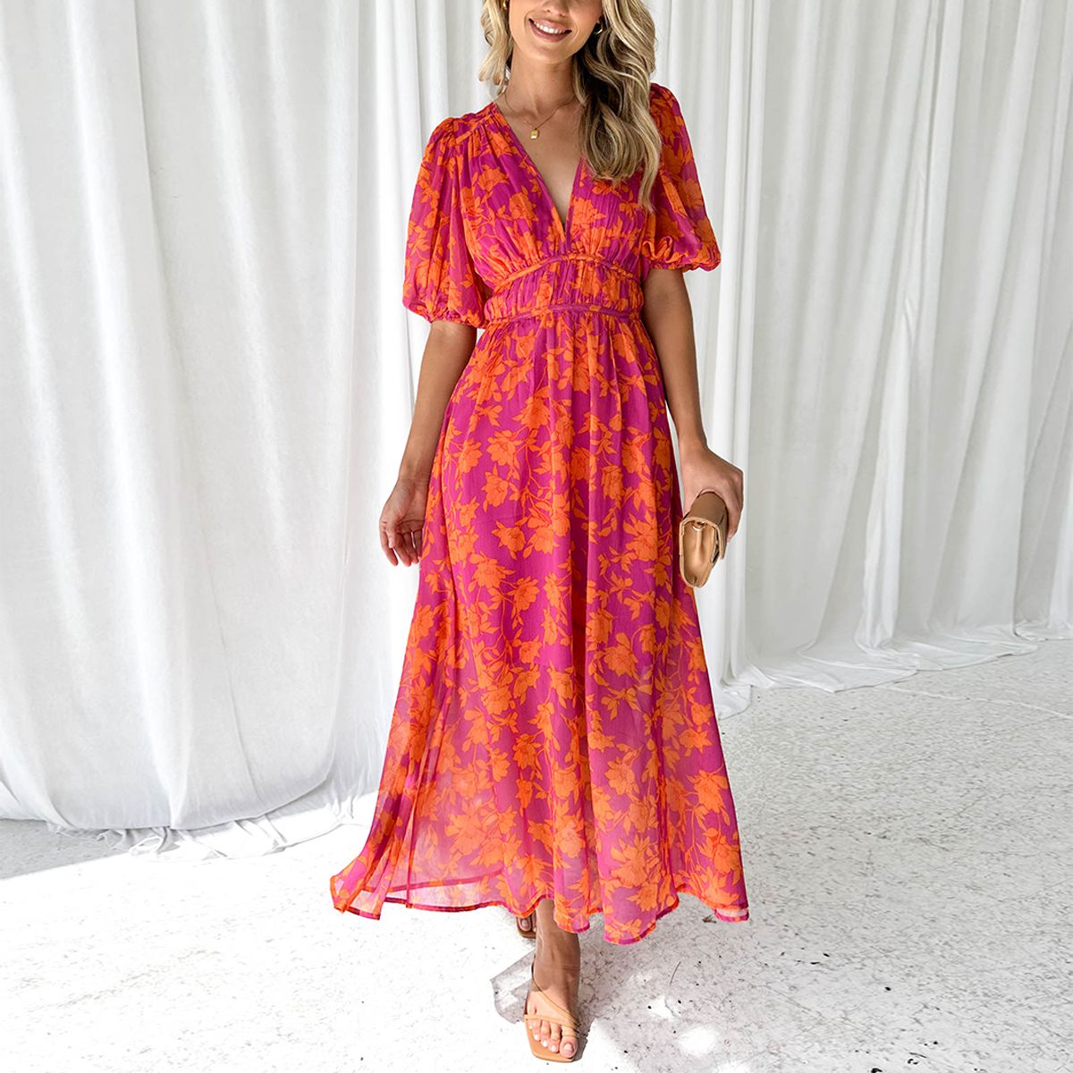 Shantel- Rundhals Leinen Baumwolle Druckkleid