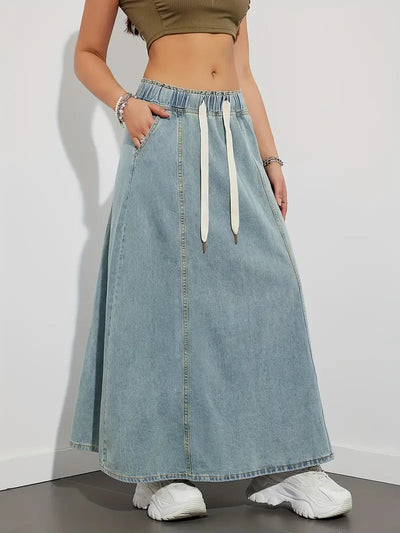 Langer Jeansrock mit verstellbarem Kordelzug, bequem und vielseitig, perfekt für einen lässigen und trendigen Look
