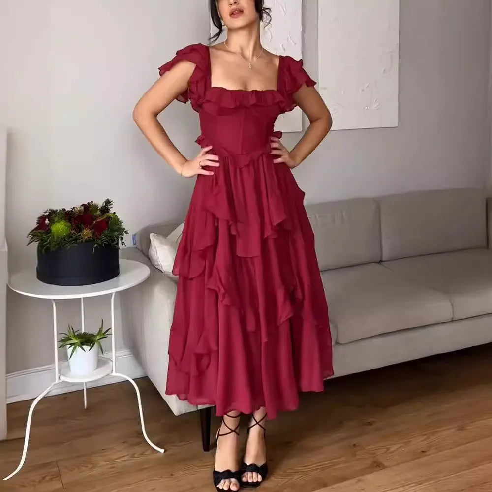 Valery - Modisches langes Kleid mit Rüschen für Partys