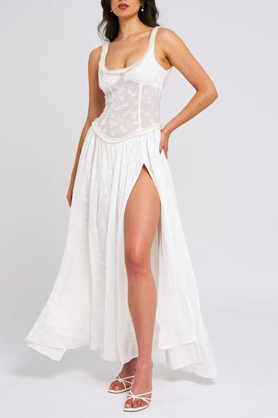 Ulissa – Weiches grünes Jacquard-Maxikleid mit hohem Schlitz und quadratischem Ausschnitt