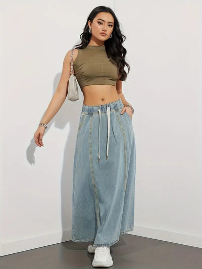 Langer Jeansrock mit verstellbarem Kordelzug, bequem und vielseitig, perfekt für einen lässigen und trendigen Look