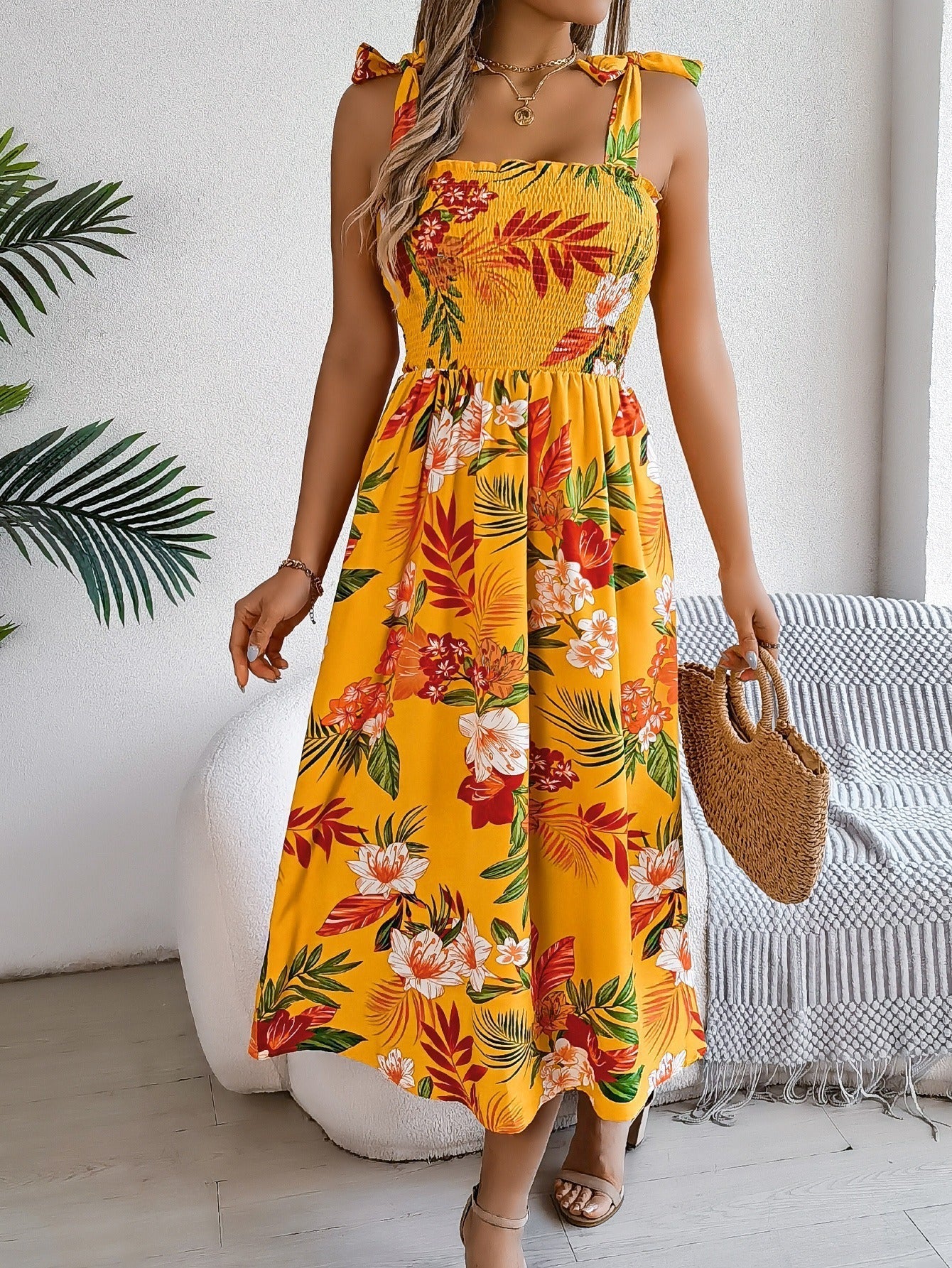 Langes tropisches trägerloses Kleid mit Blumendruck - Modell Kailani
