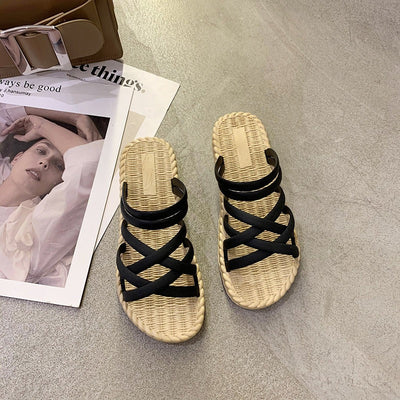Flache Damen Sandalen mit gekreuzten Riemen Römischer Stil gelb - Soléa