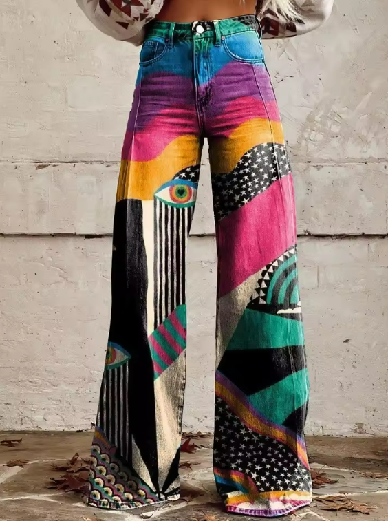 Bartina | Vintage Weite Bein Hose mit Künstlerischem Design