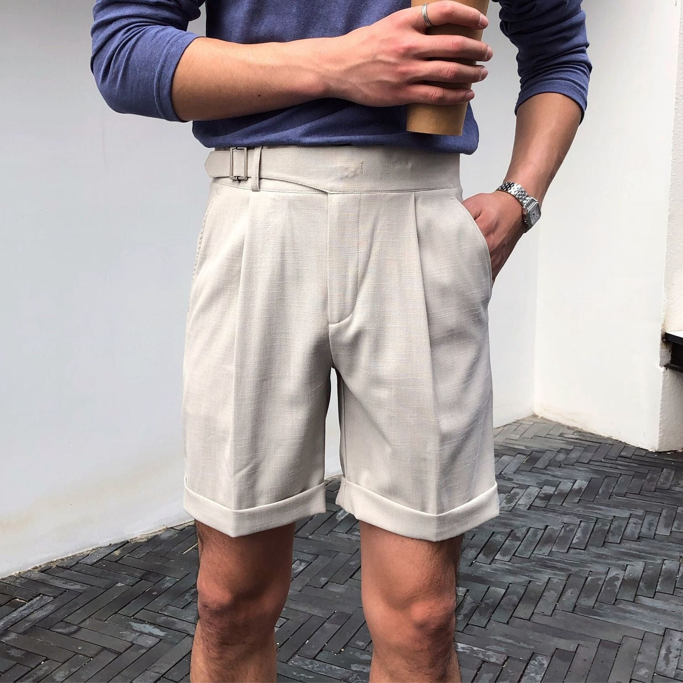 Herren Shorts mit hoher Taille und eleganten Falten in Beige - Lorenzo