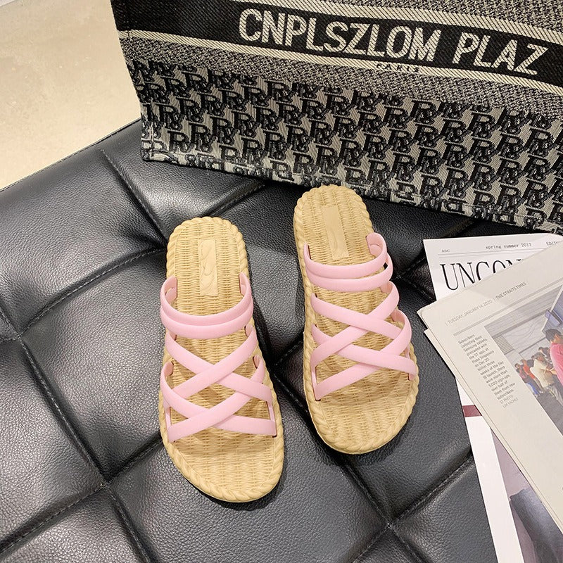 Flache Damen Sandalen mit gekreuzten Riemen Römischer Stil gelb - Soléa
