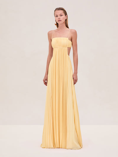 Varranza - Plissiertes A-Linien-Maxikleid mit Cut-out an der Taille und Spaghettiträgern
