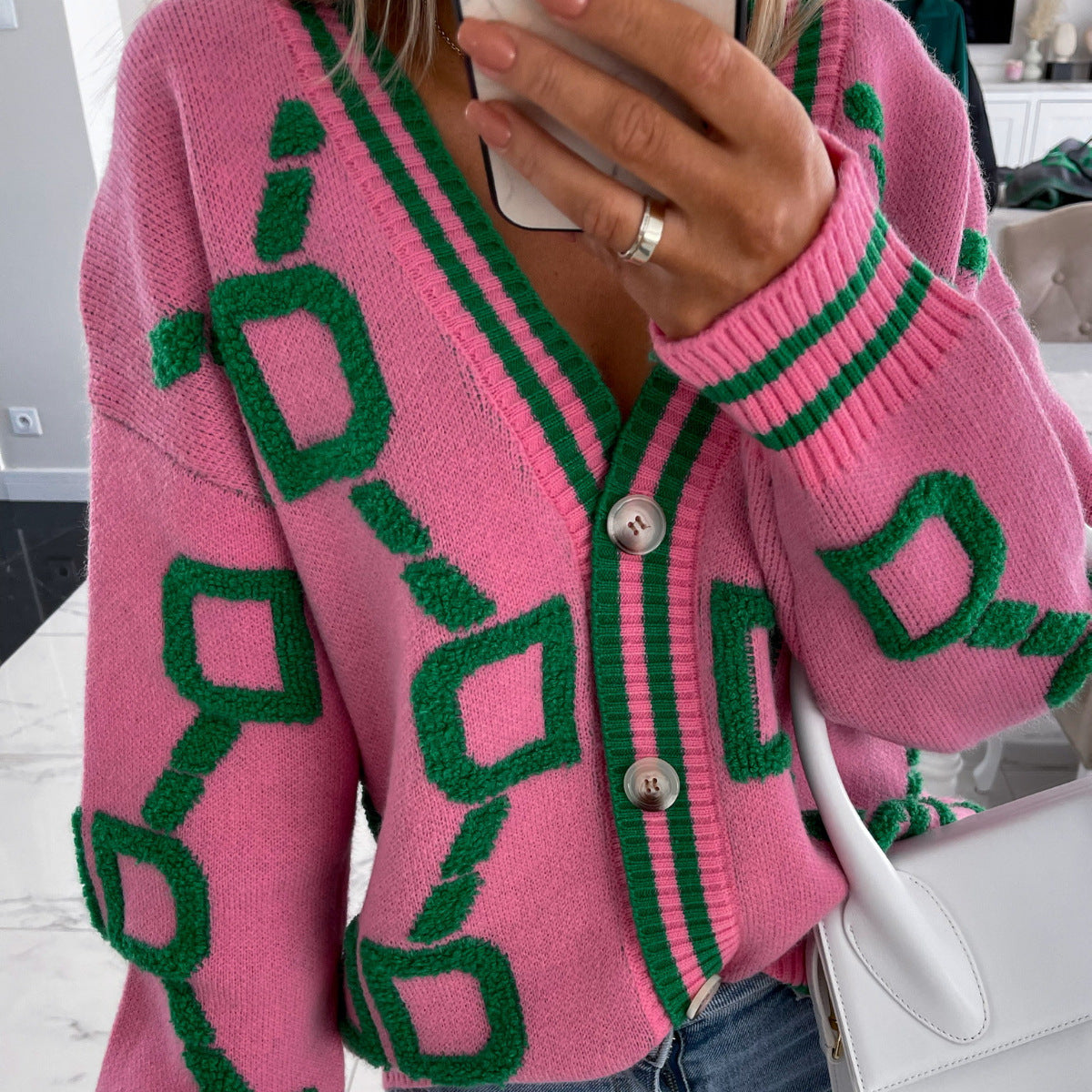 V-Ausschnitt Lässiger Farbkontrast Strickcardigan