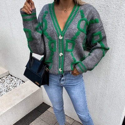 V-Ausschnitt Lässiger Farbkontrast Strickcardigan