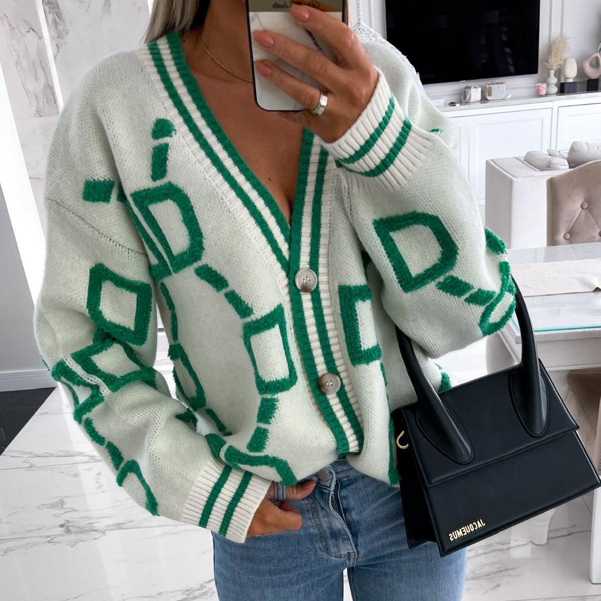 V-Ausschnitt Lässiger Farbkontrast Strickcardigan