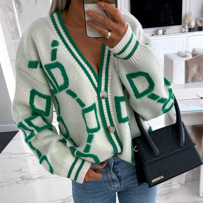 V-Ausschnitt Lässiger Farbkontrast Strickcardigan