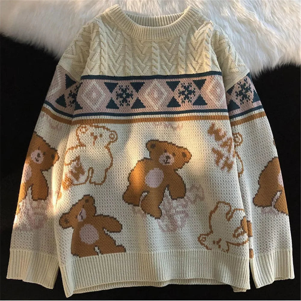 Strickpullover mit Teddybär-Muster für Damen