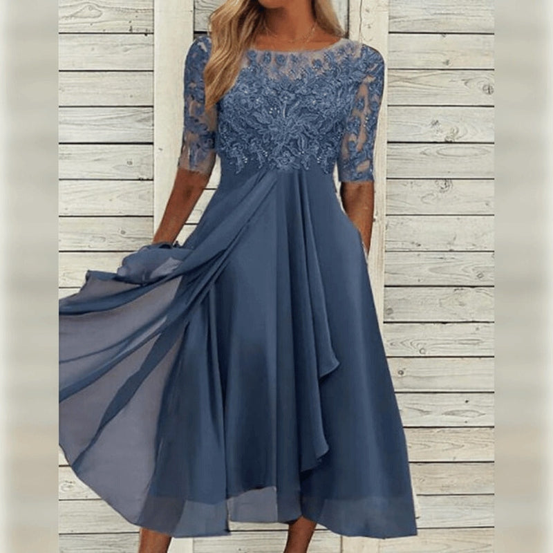Yara - Elegantes Spitzen-Chiffon-Midi-Kleid