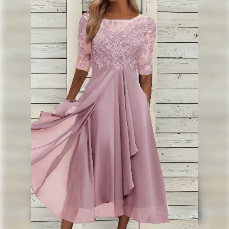 Yara - Elegantes Spitzen-Chiffon-Midi-Kleid