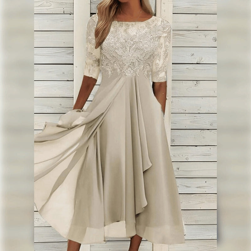 Yara - Elegantes Spitzen-Chiffon-Midi-Kleid
