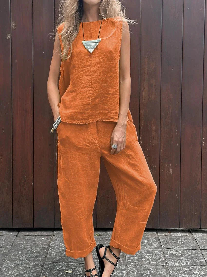 Maike | Ärmelloses Baumwoll-Leinen Hosen-Set