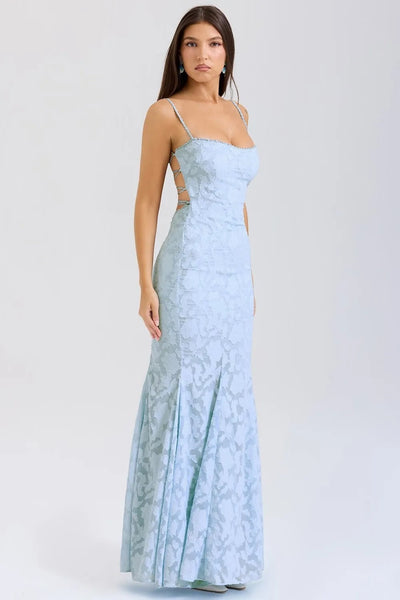 Langes Damenkleid mit eleganten gelben Spitzenträgern mit Meerjungfraueneffekt - Aurélie
