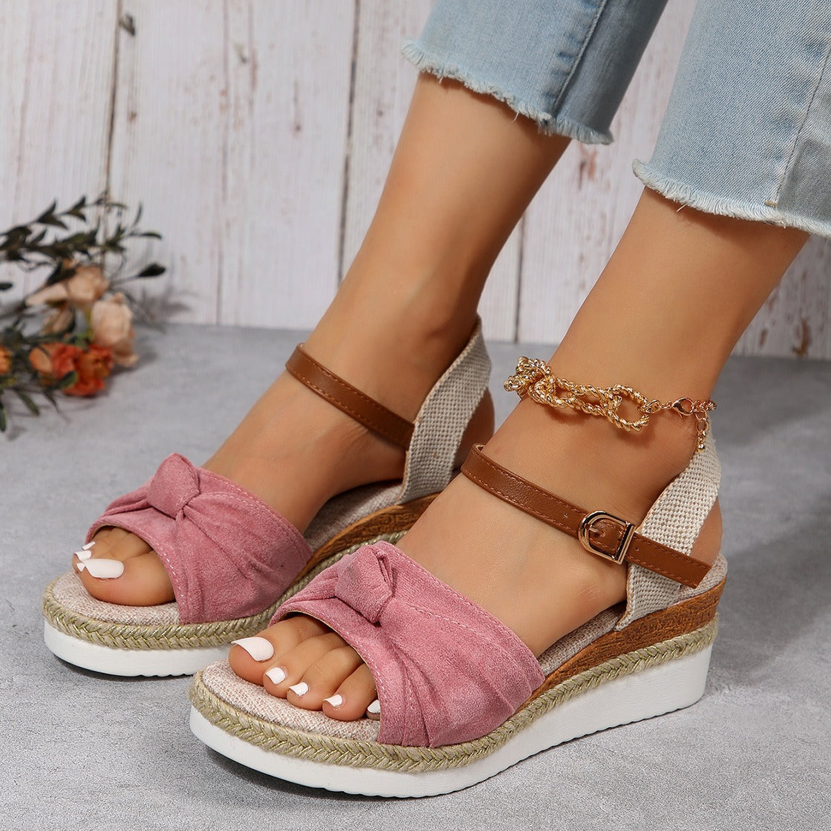 Damen Plateau-Sandalen mit offener Spitze aus Jute Denim - Isela