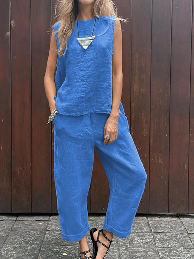 Maike | Ärmelloses Baumwoll-Leinen Hosen-Set