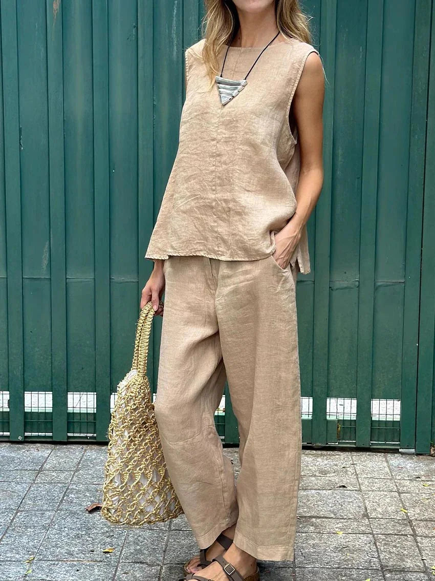 Maike | Ärmelloses Baumwoll-Leinen Hosen-Set
