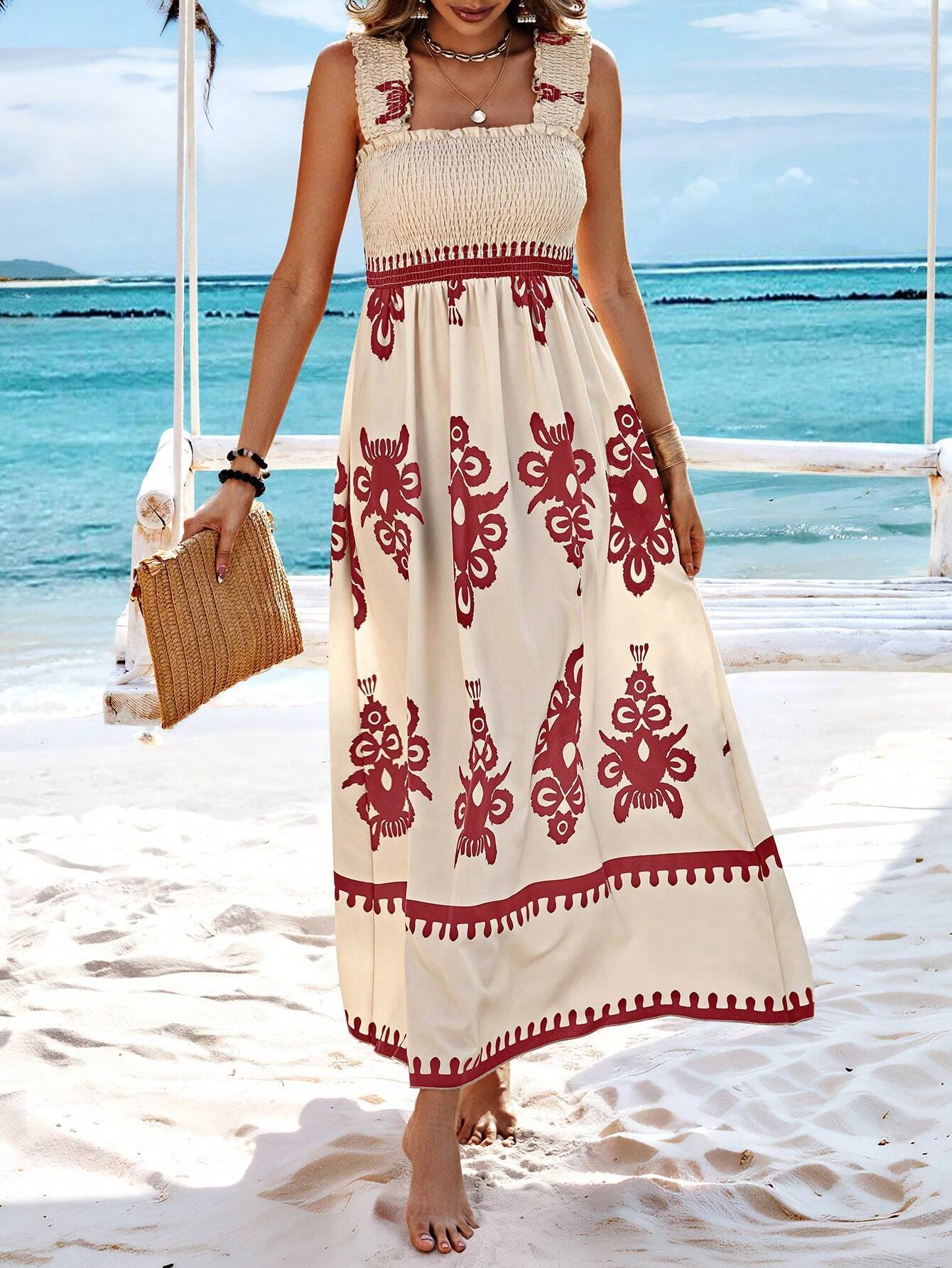Langes Frauenkleid mit Bohème-Print, beige und schwarzer Strandträger - Zahara