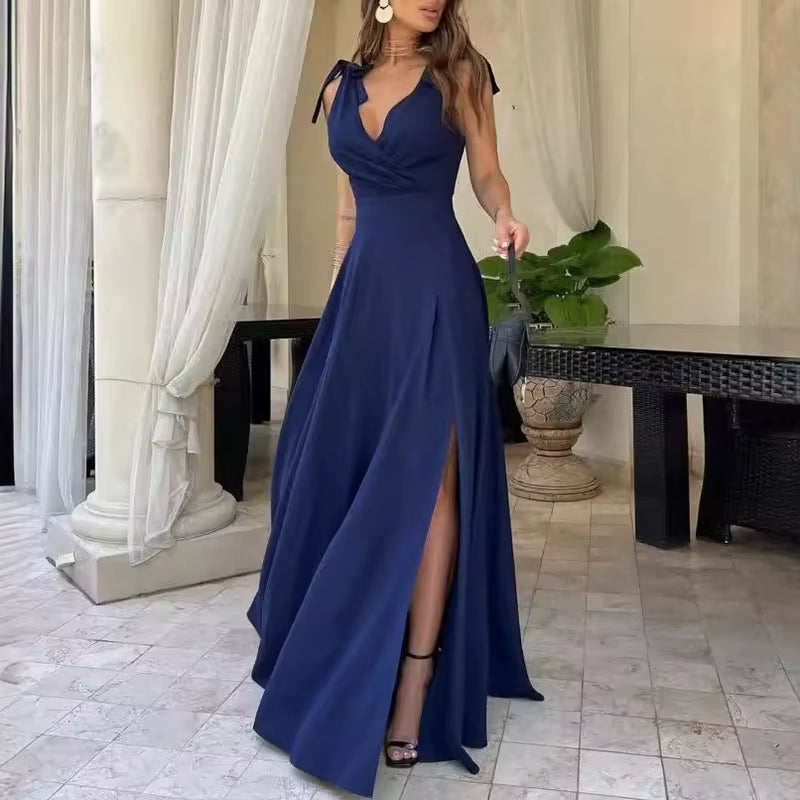 Damen ärmelloses langes Kleid mit Schlitz und V-Ausschnitt mitternachtsblau - Elara
