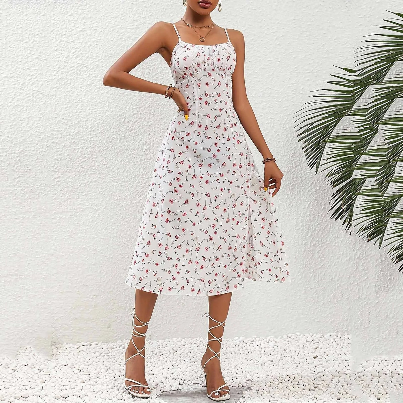 Midikleid mit roten Tupfen-Trägern und Schlitz - Fiorella