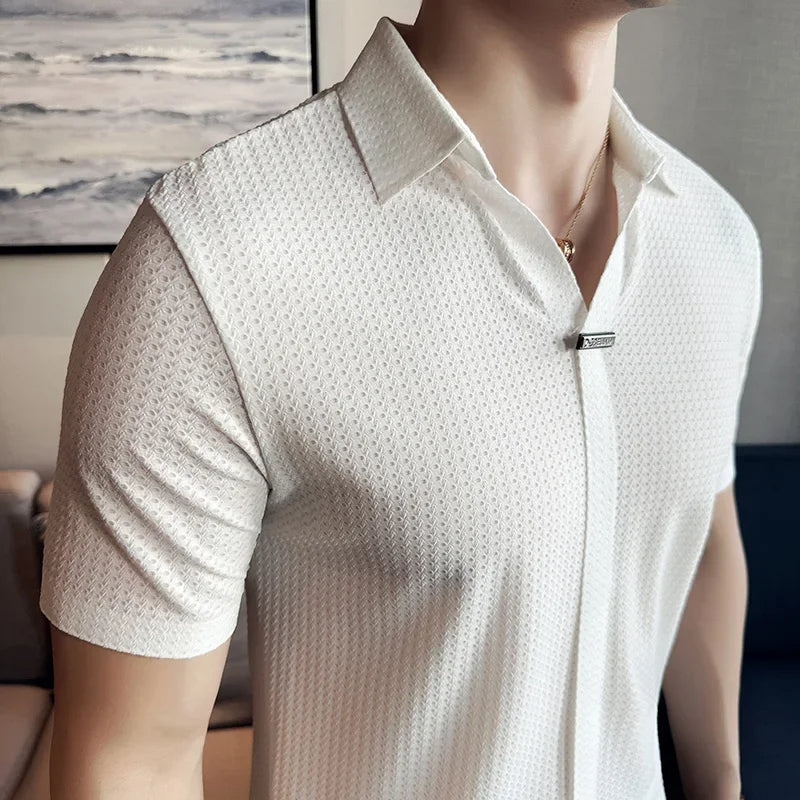 Herren Polohemd britischer Stil Waffel Textur schwarz elegant - Lionel