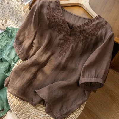 Damenbluse mit V-Ausschnitt aus besticktem Leinen im Bohème-Stil braun - Natalia