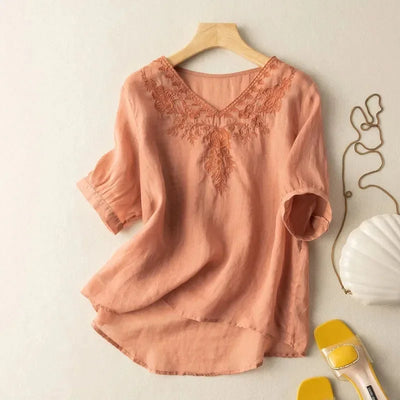 Damenbluse mit V-Ausschnitt aus besticktem Leinen im Bohème-Stil braun - Natalia