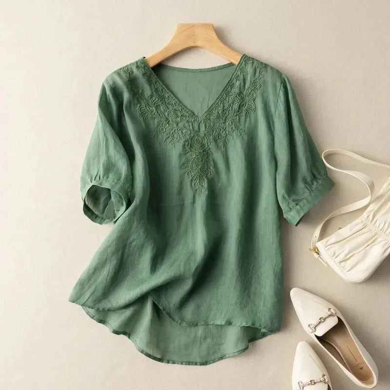 Damenbluse mit V-Ausschnitt aus besticktem Leinen im Bohème-Stil braun - Natalia