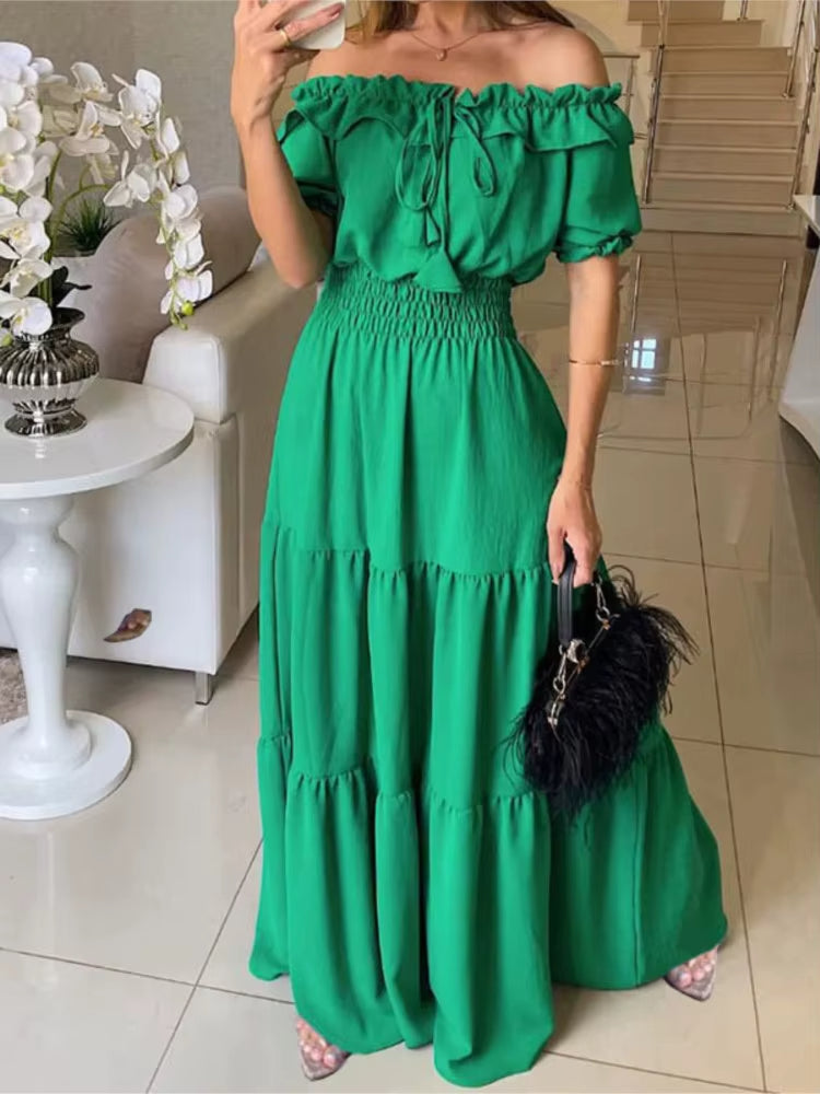 Schulterfreies langes Kleid mit fuchsiafarbenen Rüschen - Malena
