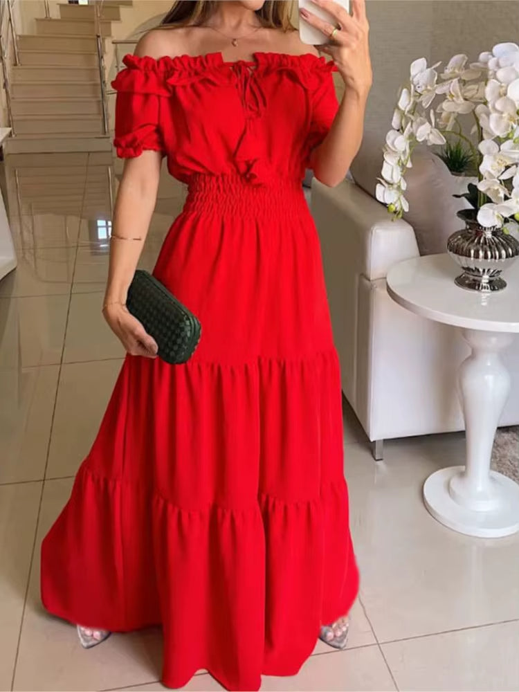 Schulterfreies langes Kleid mit fuchsiafarbenen Rüschen - Malena