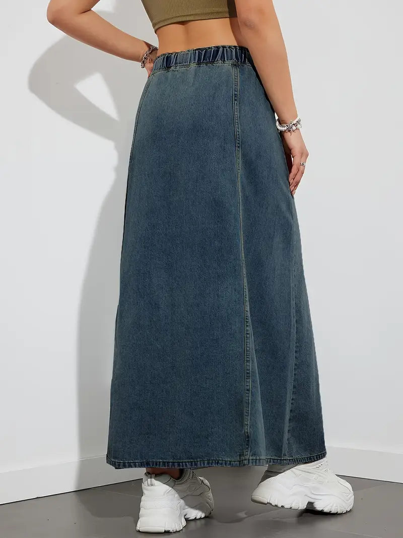 Langer Jeansrock mit verstellbarem Kordelzug, bequem und vielseitig, perfekt für einen lässigen und trendigen Look