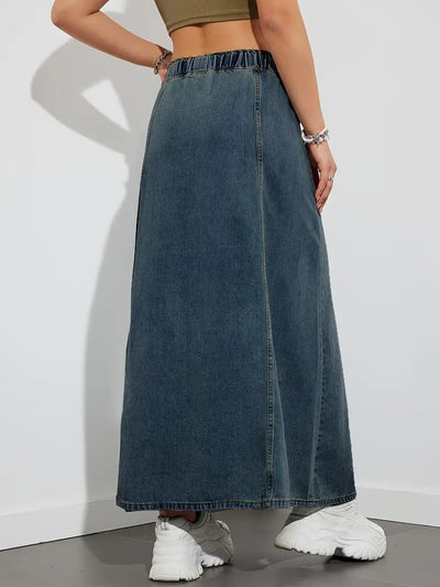 Langer Jeansrock mit verstellbarem Kordelzug, bequem und vielseitig, perfekt für einen lässigen und trendigen Look